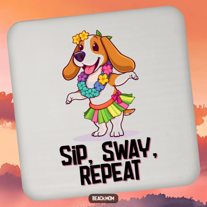 Funny Basset Hound coaster featuring a hula dancer in a lei and skirt, adding tropical charm to any drink.