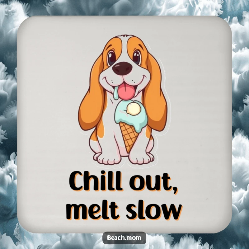 Funny Basset Hound coaster featuring a dog happily enjoying a melting ice cream cone, a sweet and protective addition.