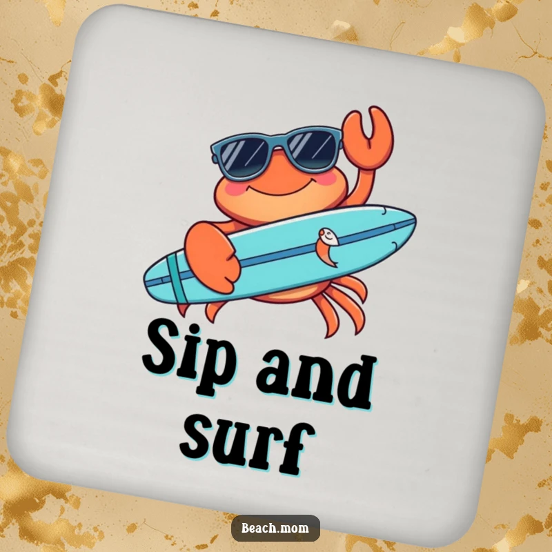 Funny crab coaster featuring a cool crab with sunglasses and a surfboard, offering humorous beachy vibes for surface protection.