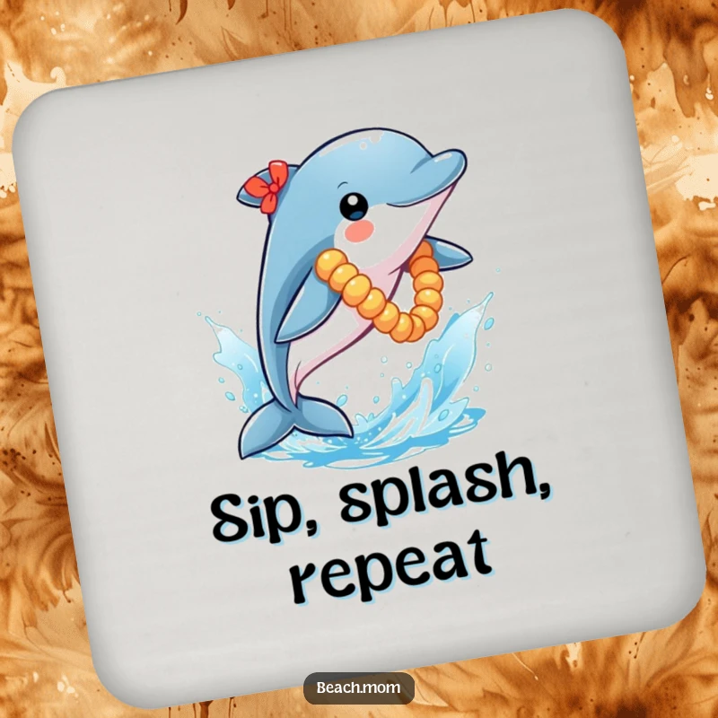 Funny Dolphin Coaster: A lei-wearing dolphin leaps from a blue splash, adding humorous nautical protection to drink surfaces.