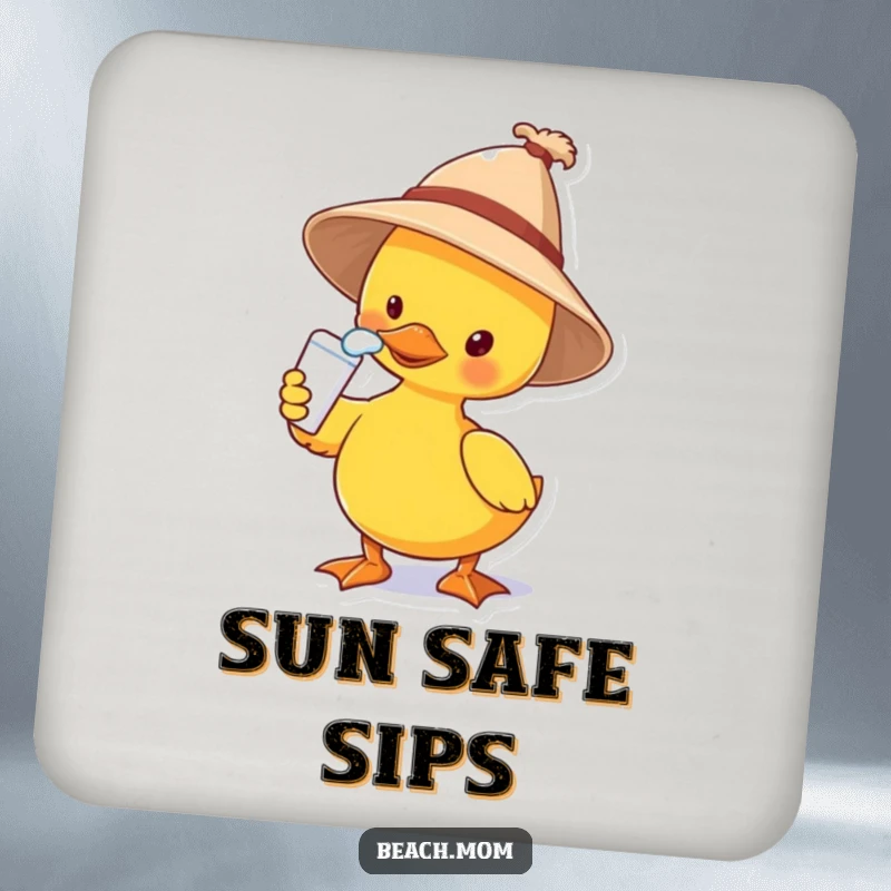 Funny drink coaster with a duck in a sun hat applying sunscreen to its nose, a humorous and protective accessory for your surfaces.