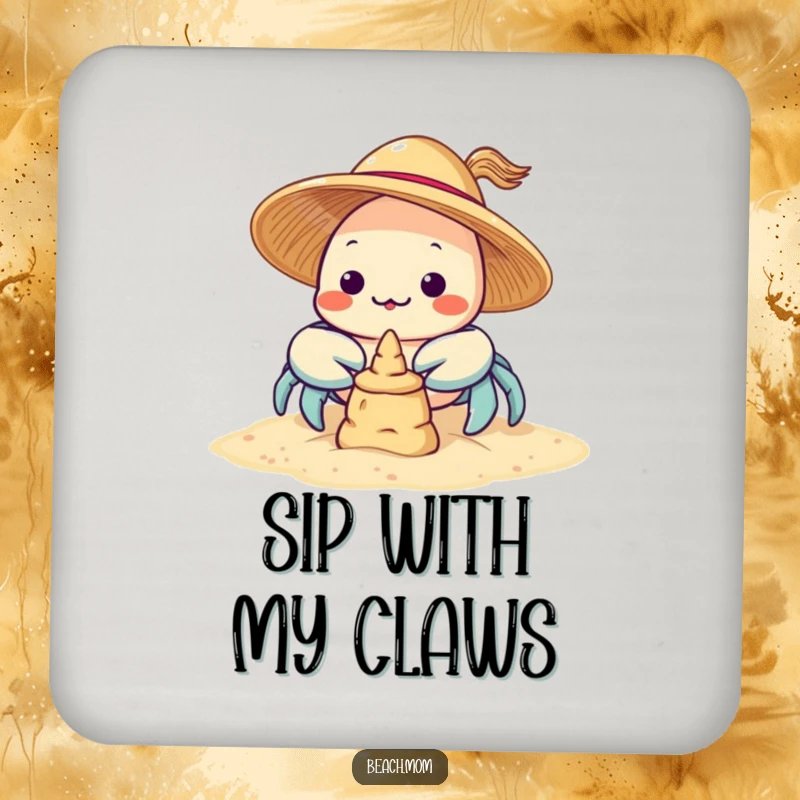 Funny Kawaii Crab Drink Coaster: a cute crab with a sun hat building a sandcastle, ideal for protecting surfaces.