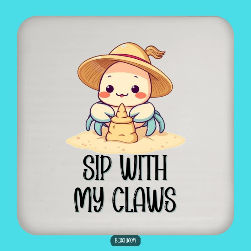 Funny Kawaii Crab Sandcastle Drink Coaster: Cute Beach Character Funny Gift