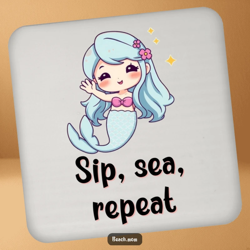 Funny Kawaii mermaid coaster, cute cartoon character with a sparkling tail, waving hello, protecting surfaces.