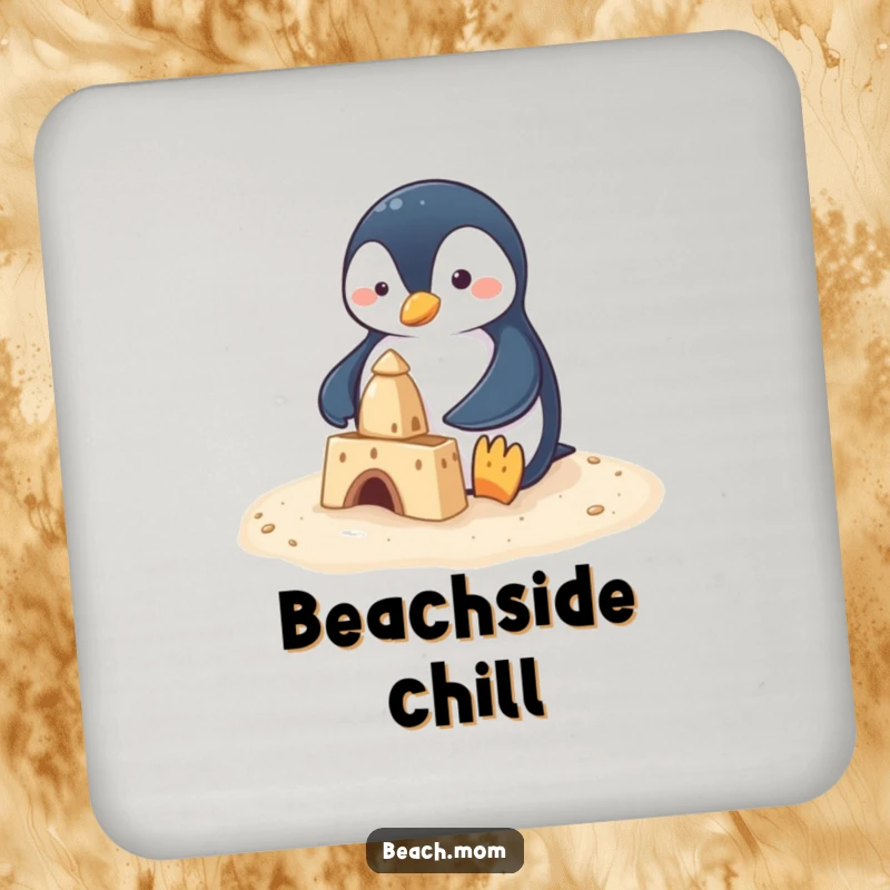 Funny penguin with small flippers building a sandcastle, depicted on a round drink coaster, adding playful beach vibes.