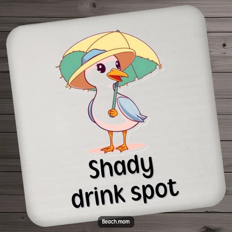 Funny drink coaster with a seagull wearing a straw hat and carrying a beach umbrella, a humorous and protective addition for tabletops.