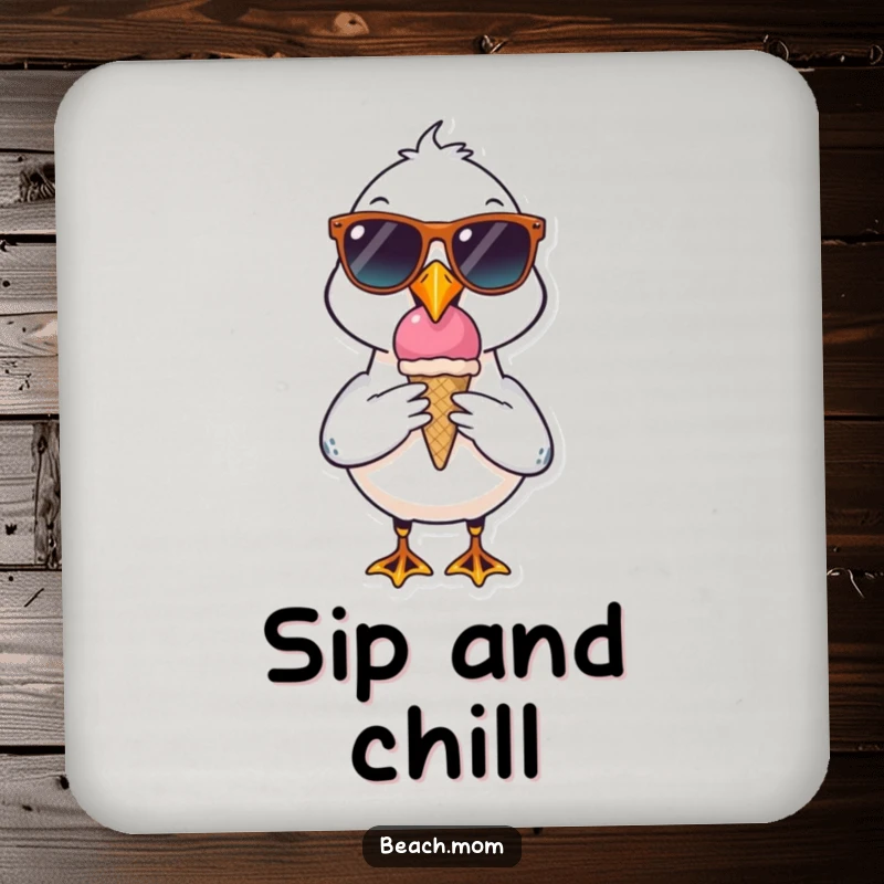 Funny seagull character coaster wearing sunglasses, holding an ice cream cone, adding cool protection and beach humor.