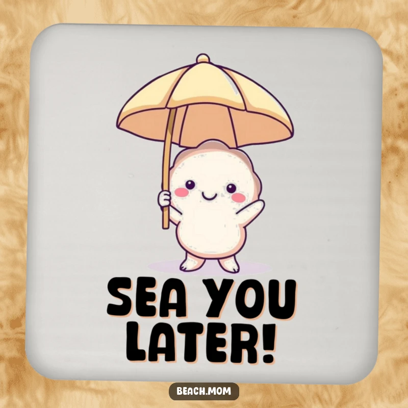 Funny smiling seashell coasters with beach umbrellas, protecting surfaces with coastal charm, a humorous and chic gift set.