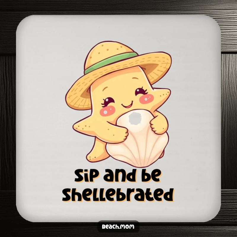 Funny starfish wearing a straw hat, hugging a seashell, on a set of drink coasters.