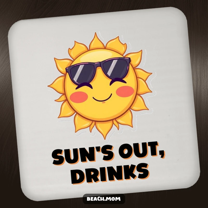 Funny drink coaster featuring a sun in sunglasses giving a wink, protecting surfaces with celestial charm.