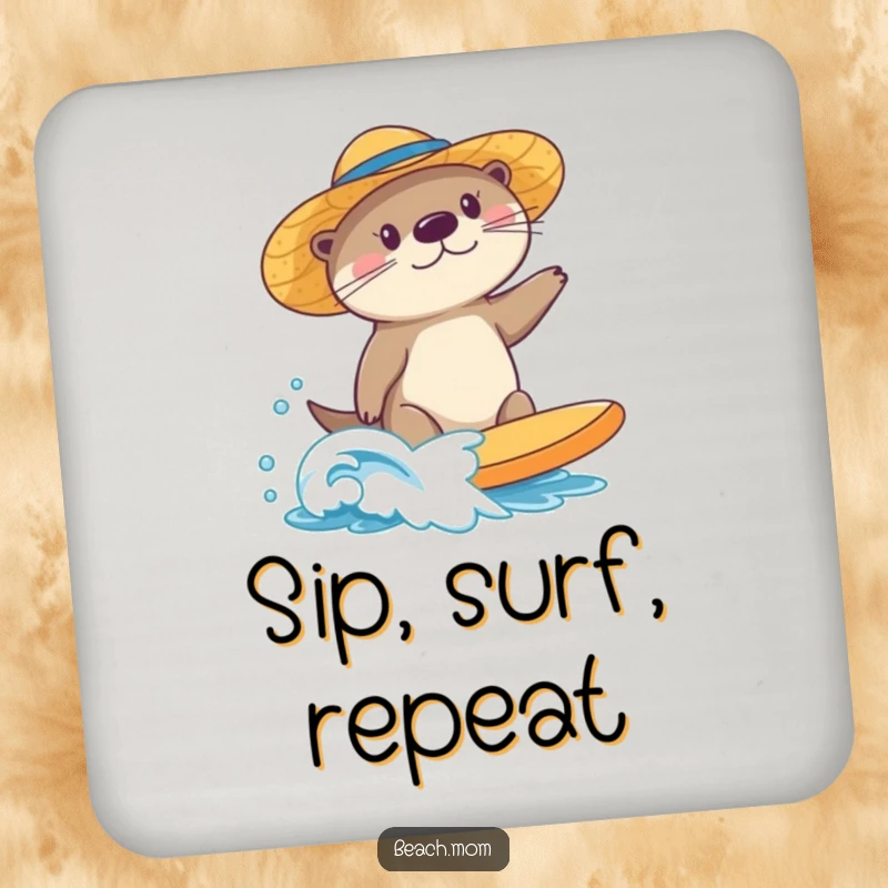 Funny sea otter coaster, wearing a sun hat, surfing a small wave, protecting surfaces with aquatic and beachy humor.