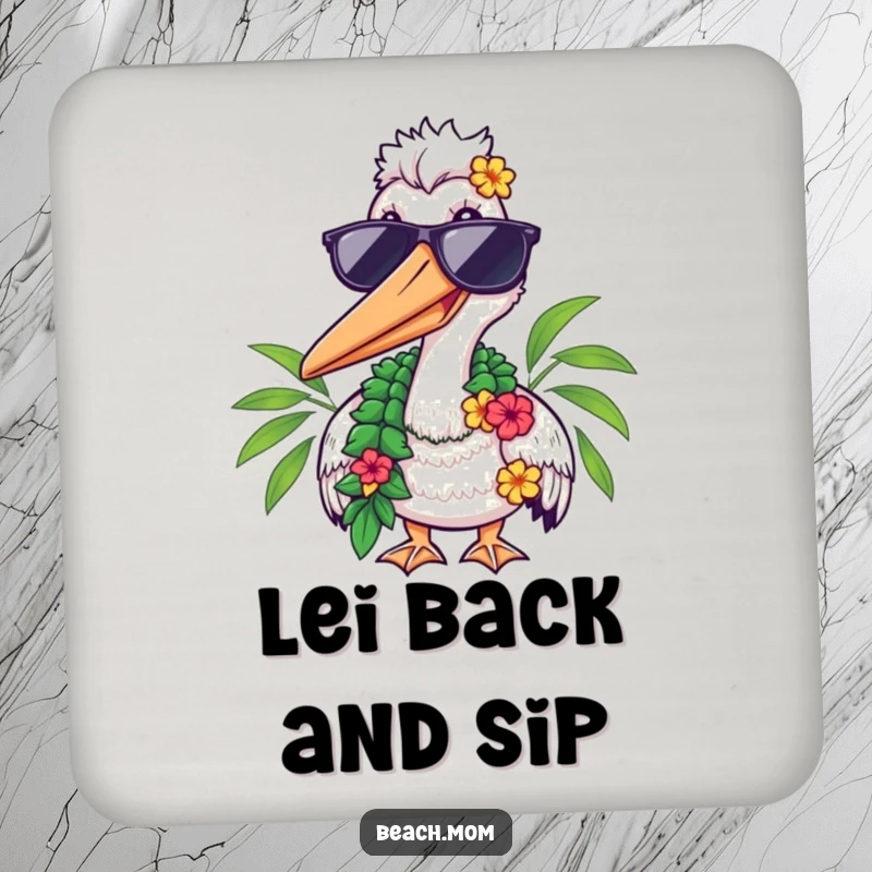 Funny drink coaster featuring a pelican in sunglasses and a lei, protecting surfaces with tropical charm.