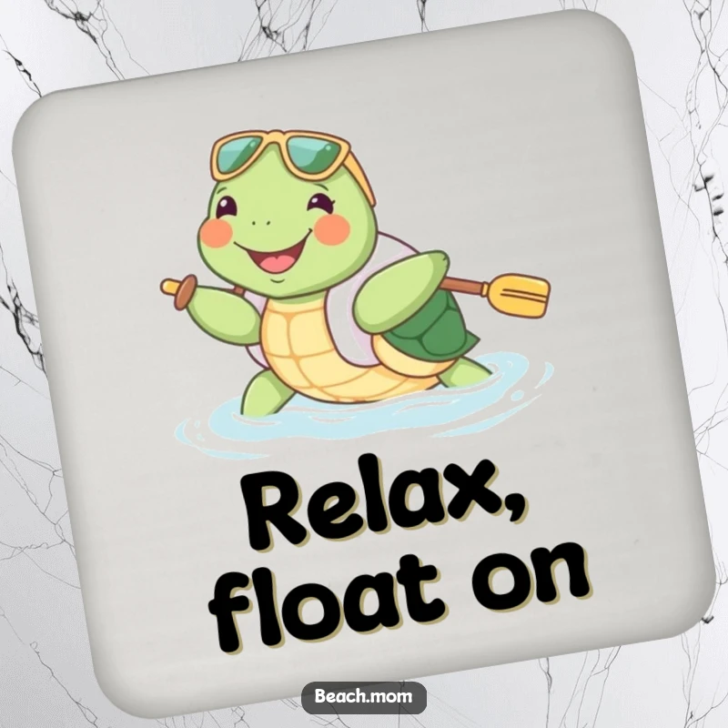 Funny Turtle Coaster: An enthusiastic turtle in a floatie paddles, bringing humorous aquatic protection to your drink surfaces.