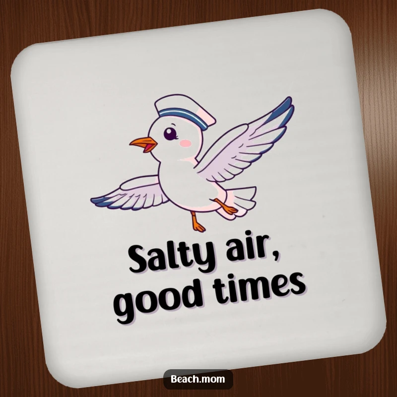 Funny drink coaster featuring a delighted seagull in a sailor hat, soaring happily, adding coastal charm.