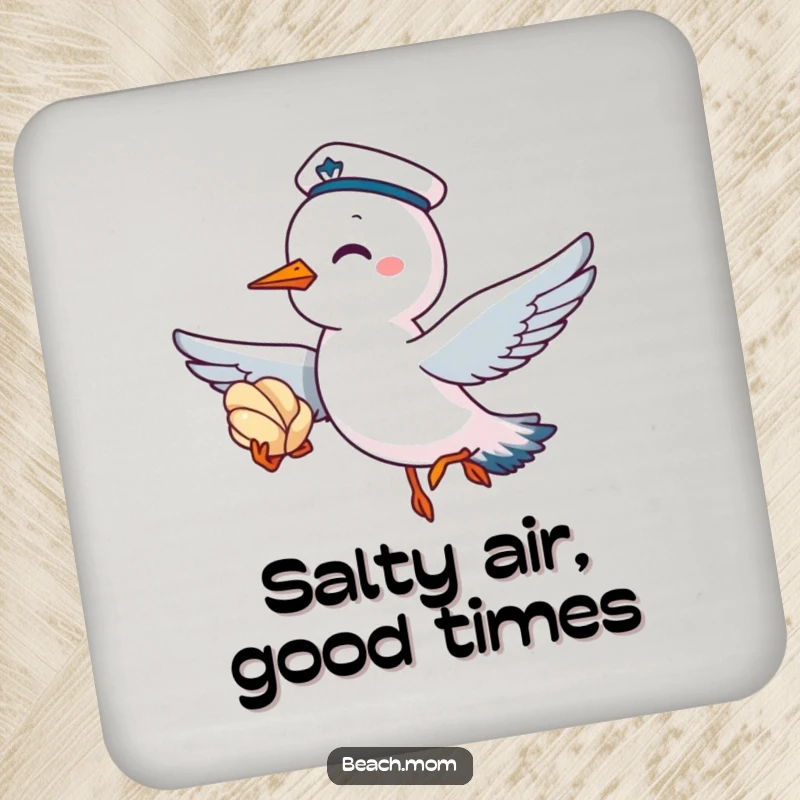 Funny drink coaster featuring a giggling seagull wearing a sailor cap, flying with a seashell, for stylish protection.