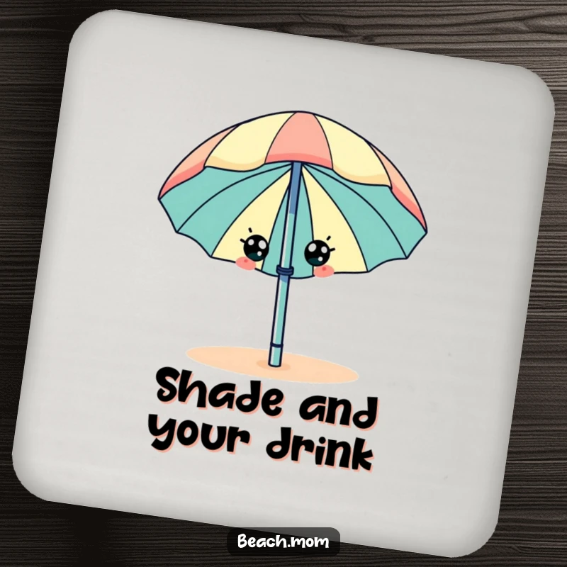 Funny beach umbrella with eyes, wiggling happily, on a set of drink coasters.