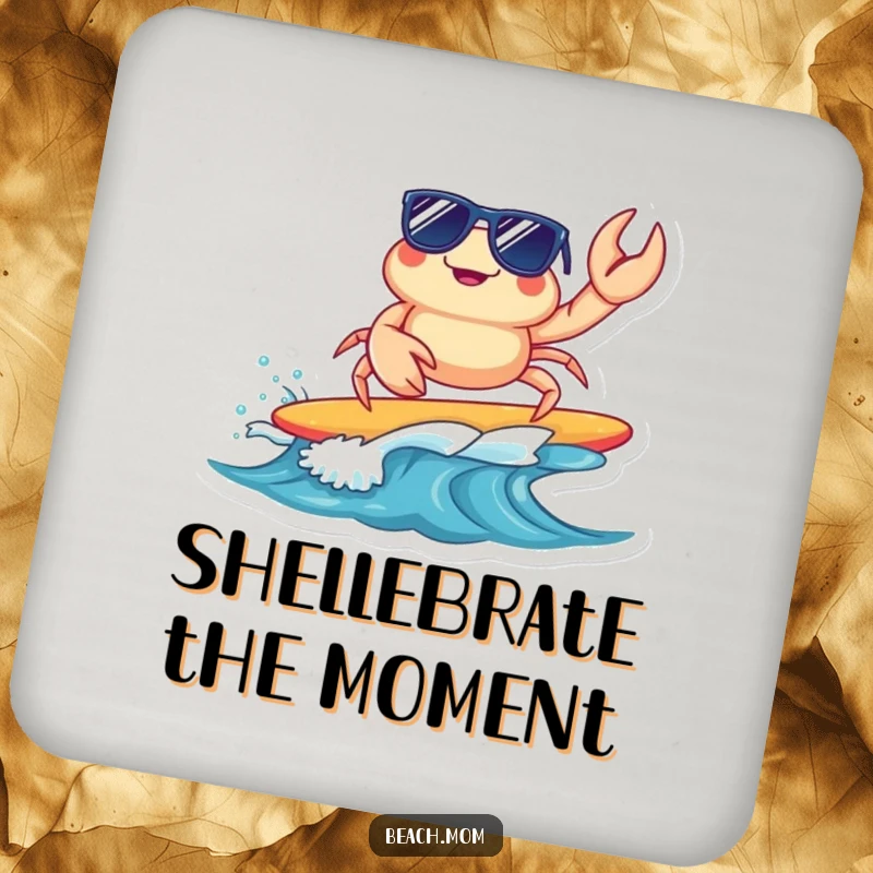 Funny surfing crab coasters with cool sunglasses, protecting surfaces with beach charm, a humorous and cool gift set.