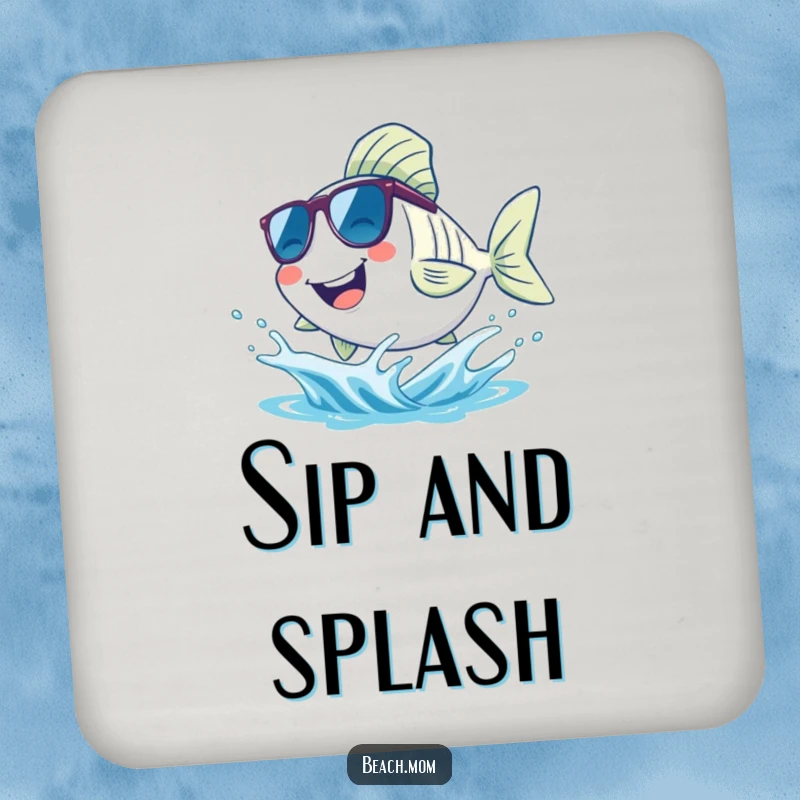 Funny fish coaster, depicting a smiling fish wearing sunglasses and splashing in a small wave, a humorous and fun addition.