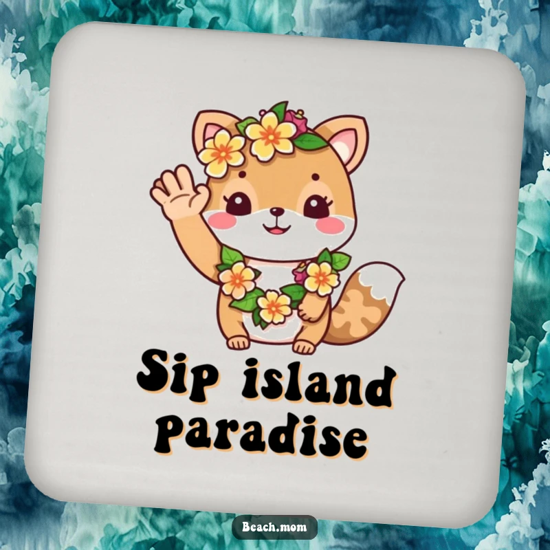 Funny coaster: A friendly animal character wearing a flower lei waves a welcoming hello, protecting your furniture with style.
