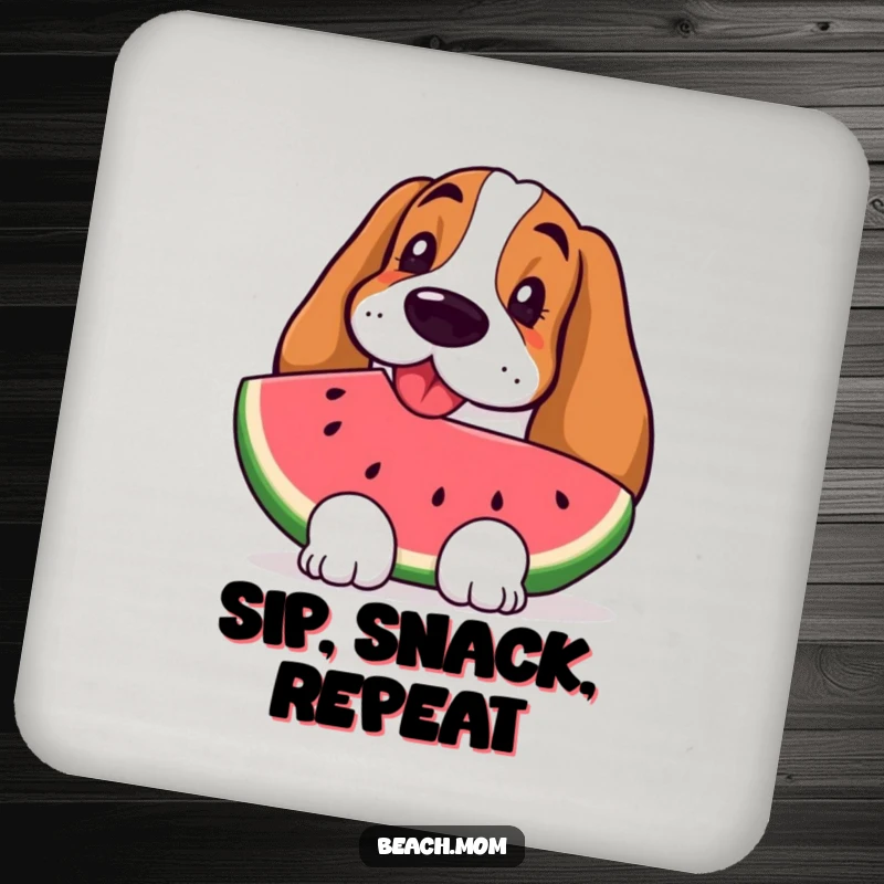 Funny Basset Hound coaster showing a happy dog enjoying a slice of refreshing watermelon, perfect for summer.
