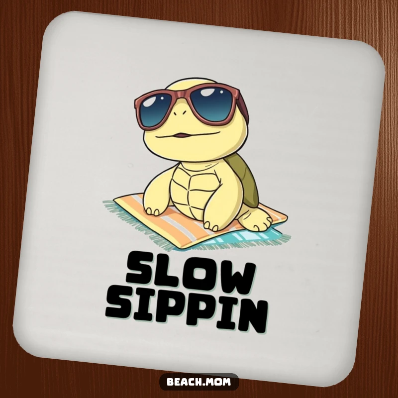 Funny turtle wearing sunglasses, sunbathing on a towel, depicted on a round drink coaster, bringing ultimate cool to your table.