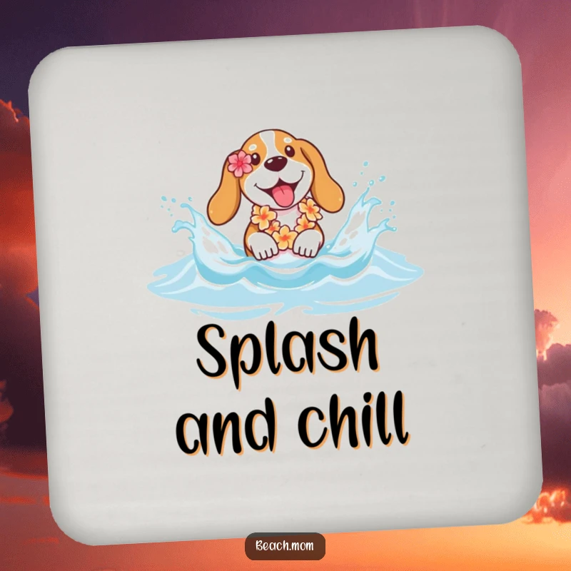 Funny Basset hound coaster showing a dog with a lei splashing joyfully in beach waves, protecting surfaces with humor.