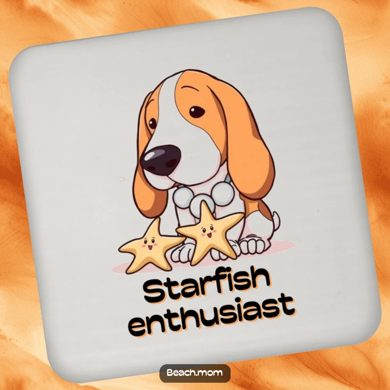 Funny Basset Hound coasters featuring a dog with a seashell necklace curiously inspecting a starfish, protecting surfaces with seaside charm.