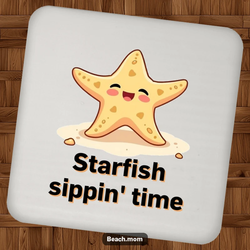 Funny coaster featuring a starfish wiggling its arms on the beach, ideal for drink protection.