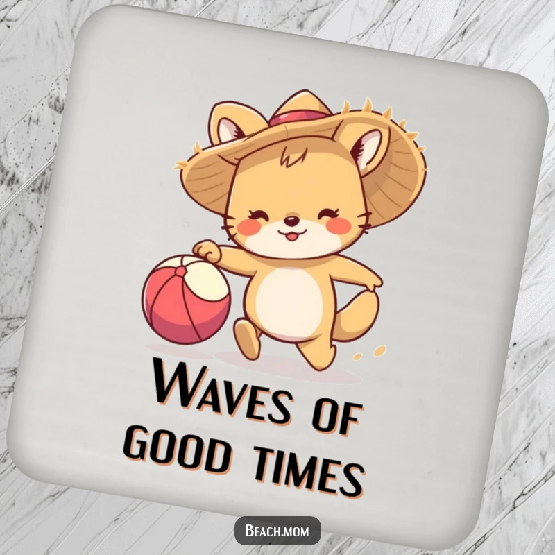 Funny coaster: A cute animal character in a straw hat playfully chases a beach ball, protecting your furniture with style.