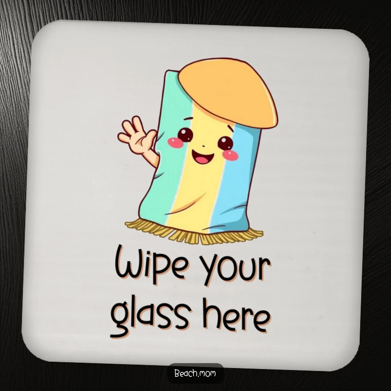 Funny drink coaster with a happy beach towel smiling and waving hello, protecting surfaces with cheer.