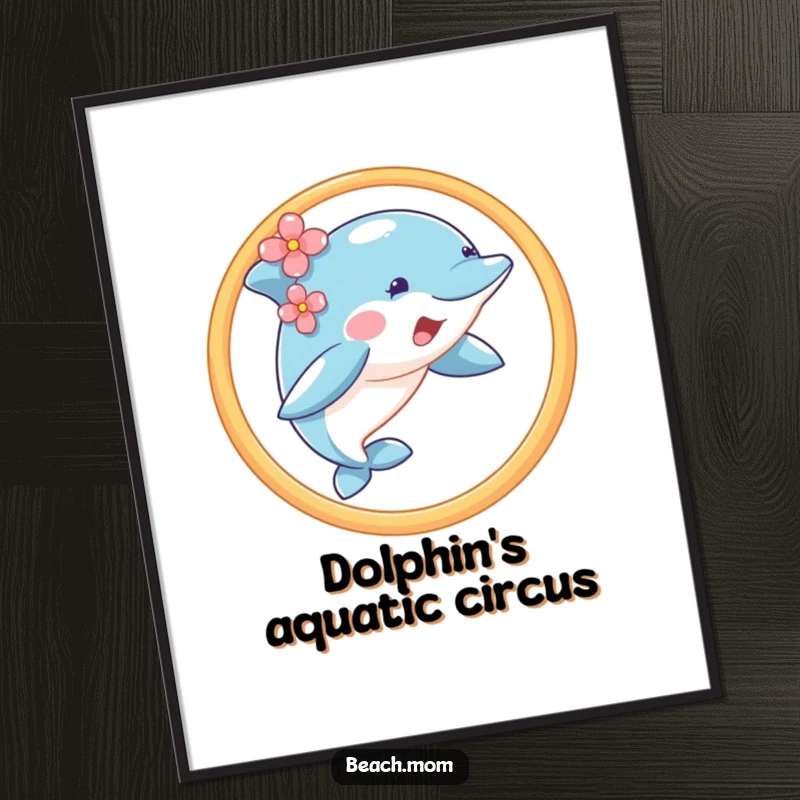 Funny dolphin wearing a flower, jumping through a hoop, displayed as a humorous wall art poster.