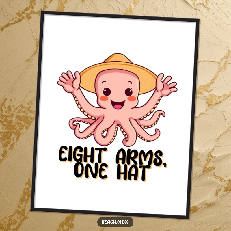Funny, joyful octopus wearing a sun hat and waving multiple arms, presented as a vibrant wall poster, capturing underwater celebration.