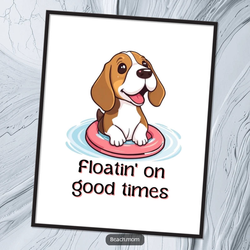 Funny Basset hound poster depicting a dog with small floaties excitedly paddling in water, adding a touch of humor.