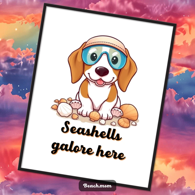 Funny Basset Hound poster of a dog wearing a visor, happily collecting seashells, capturing a humorous beachcombing scene.