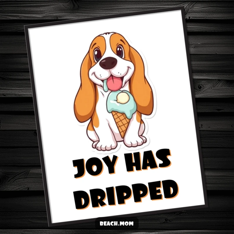 Funny Basset Hound poster capturing a dog’s pure joy while eating a melting ice cream cone, a delightful visual treat.