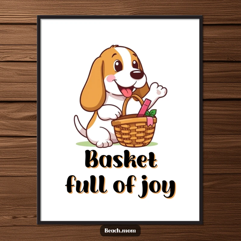 Funny Basset Hound poster of a dog with a picnic basket, offering a happy gesture, bringing outdoor joy indoors.