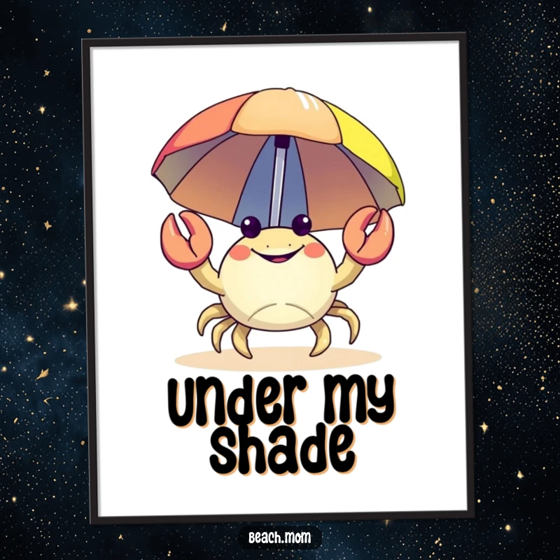 Funny Crab Poster: A happy crab carrying a colorful beach umbrella, coastal wall art.