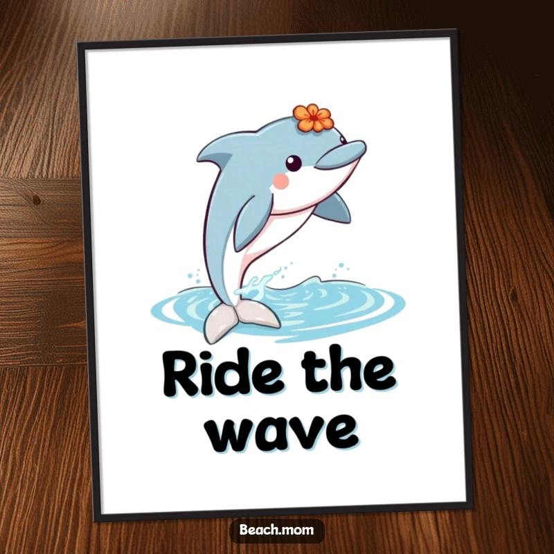 Funny dolphin with a lei jumping out of water, creating a humorous and eye-catching piece of tropical wall art.