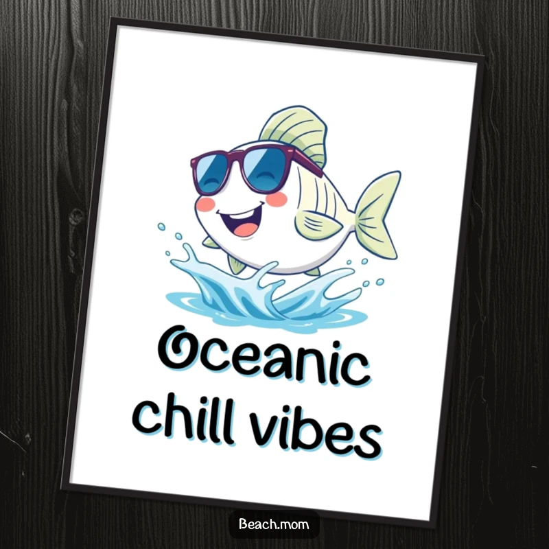 Funny fish poster, showing a smiling fish wearing sunglasses and splashing joyfully in a small wave, perfect for beach-themed decor.