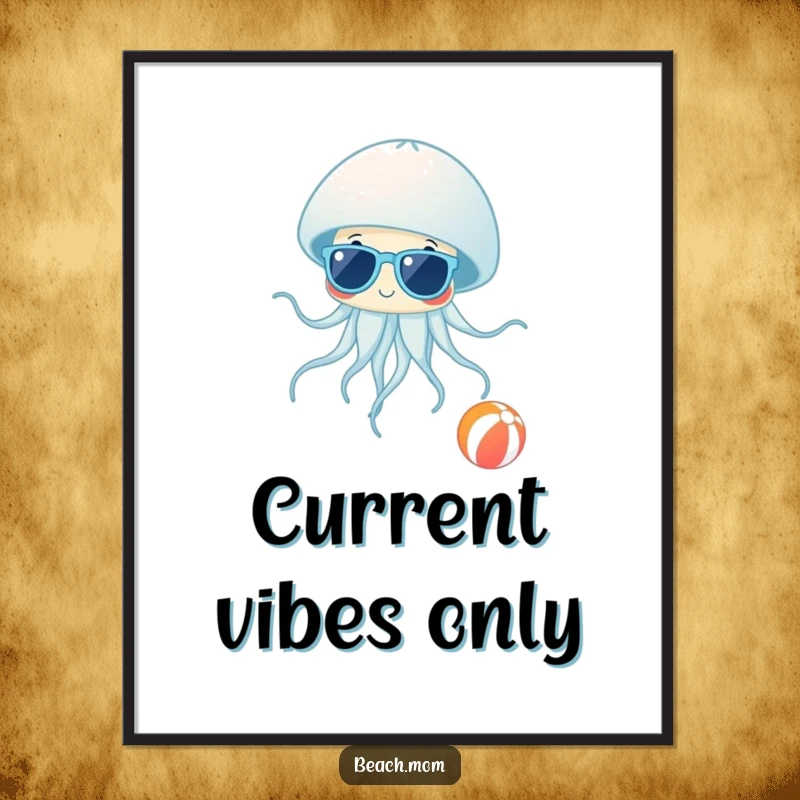 Funny Jellyfish Shades Poster: Artwork of a jellyfish wearing sunglasses floating by a beach ball, depicting funny beach relaxation.