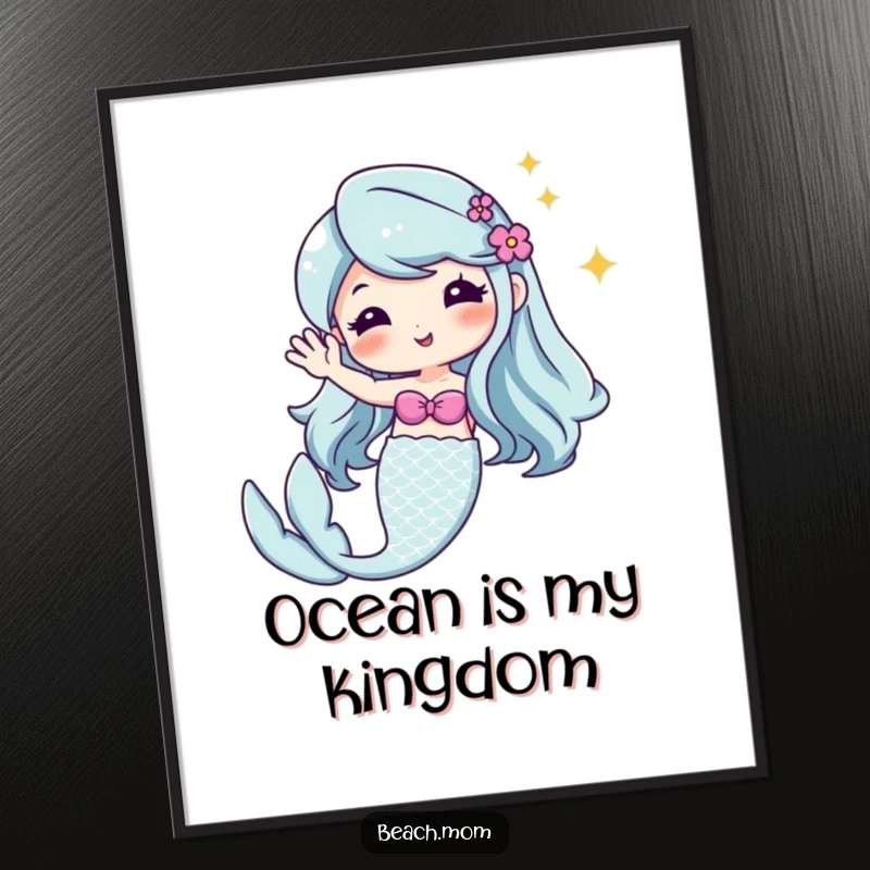 Funny Kawaii mermaid poster, cute cartoon character with a dazzling tail, waving hello, enchanting wall decor.