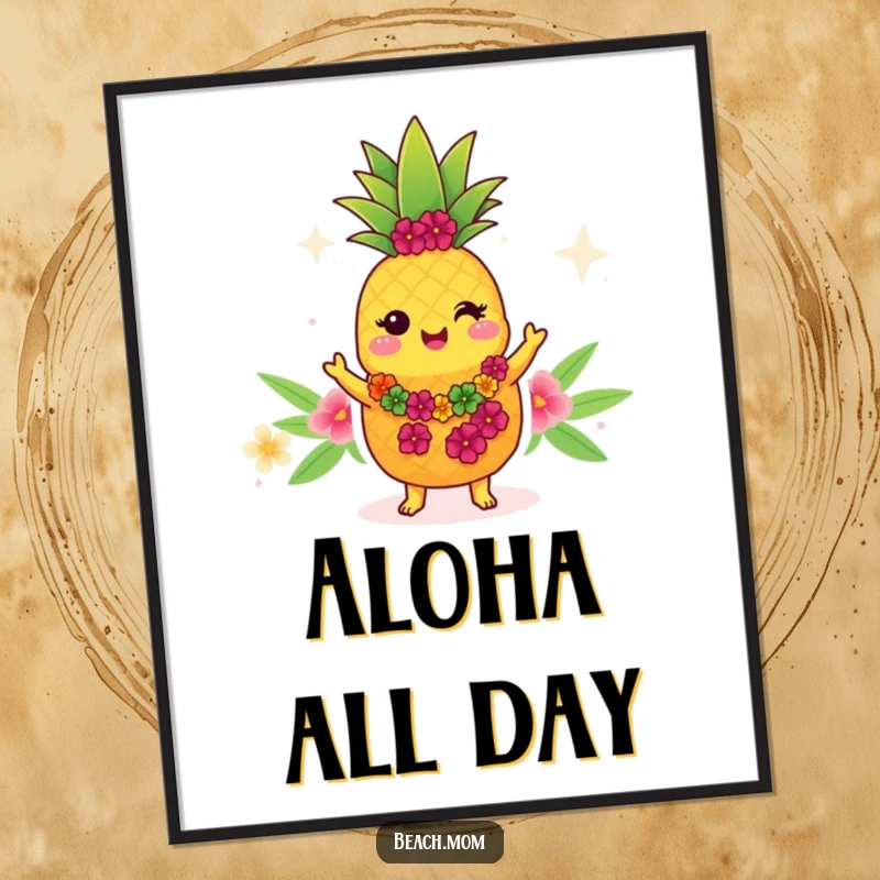 Funny Kawaii pineapple poster, cute cartoon character wearing a lei, dancing the hula, tropical wall art.