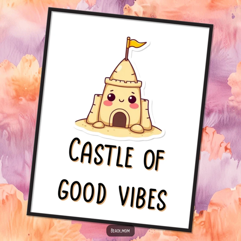 Funny sandcastle character poster with a tiny flag, depicted in a cheerful, beach-ready pose, perfect wall art.