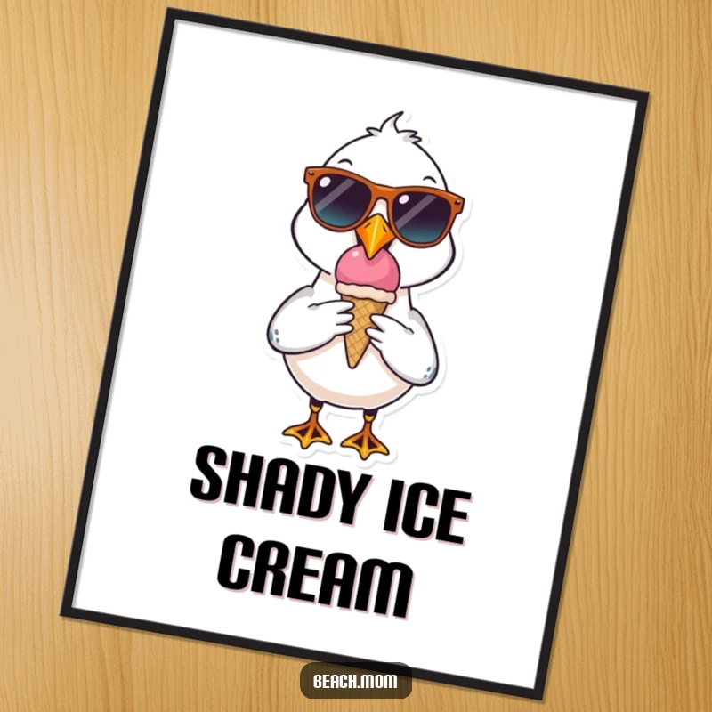 Funny seagull character poster wearing sunglasses and holding an ice cream cone, radiating a cool and relaxed beach vibe.