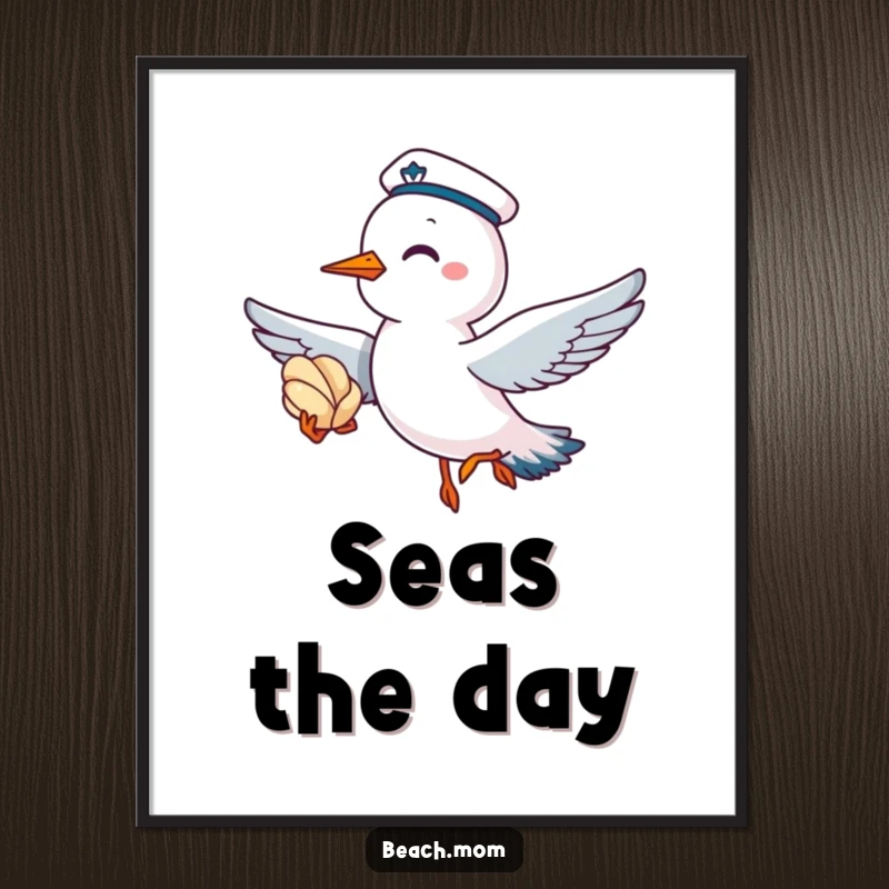 Funny poster of a giggling seagull wearing a sailor cap, flying with a seashell, bringing beachy fun indoors.