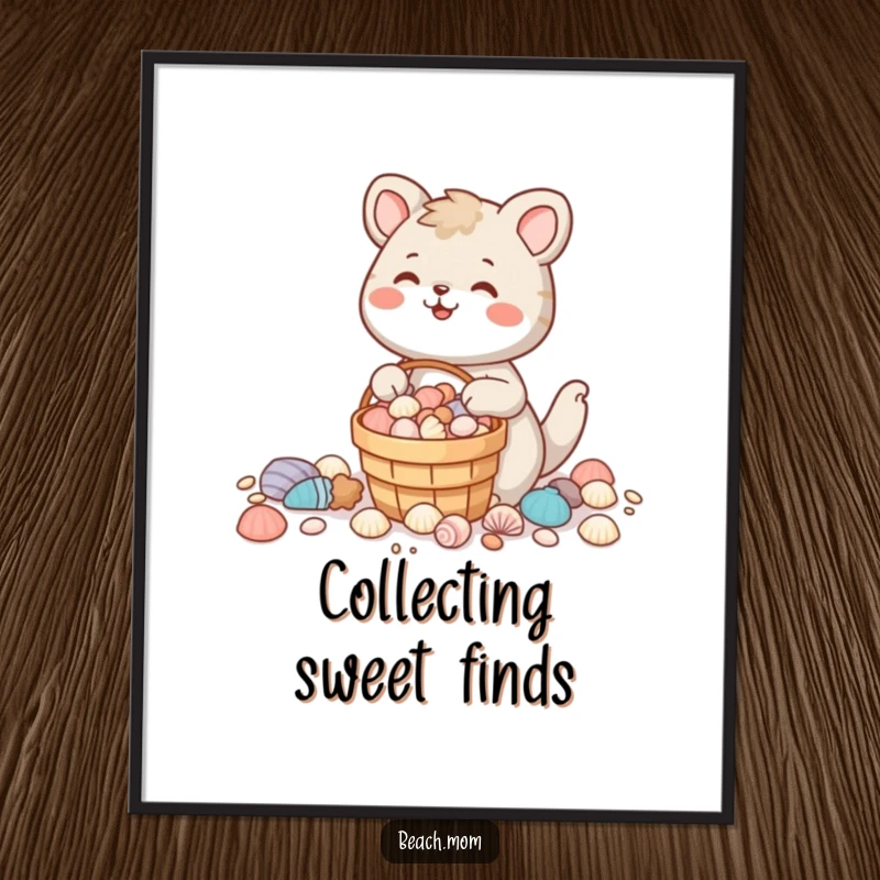 Funny animal character collecting seashells with a smiling face and a full bucket, embodying beachcombing joy, perfect for wall art.