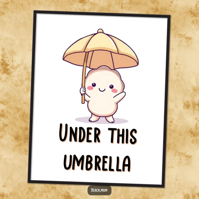 Funny smiling seashell poster with a character holding a beach umbrella, perfect for coastal-themed rooms, a humorous and cheerful art piece.