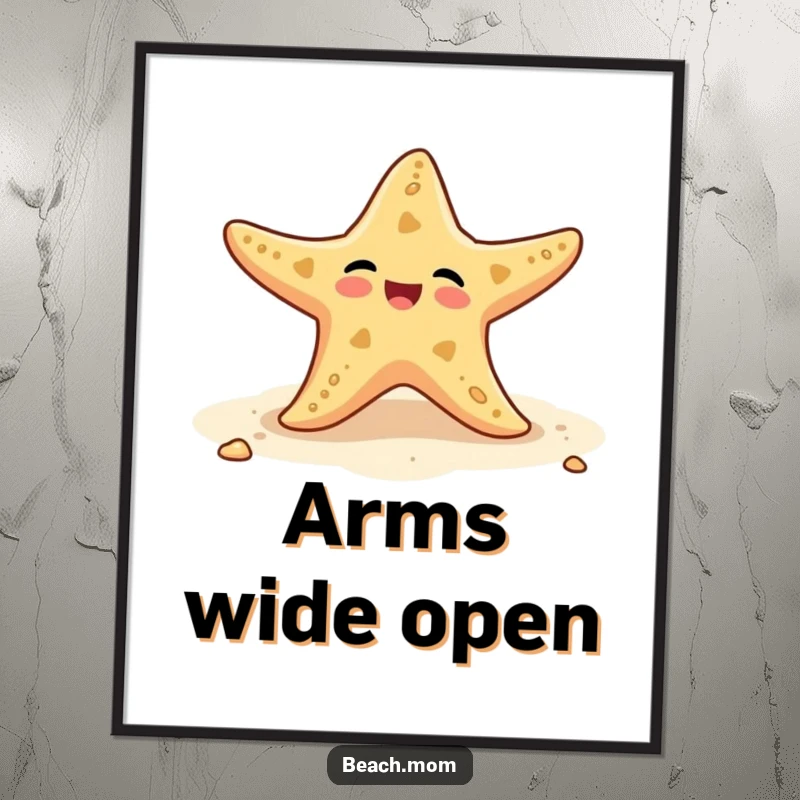 Funny poster print of a starfish wiggling its arms on a sandy beach, capturing the joy of the ocean.