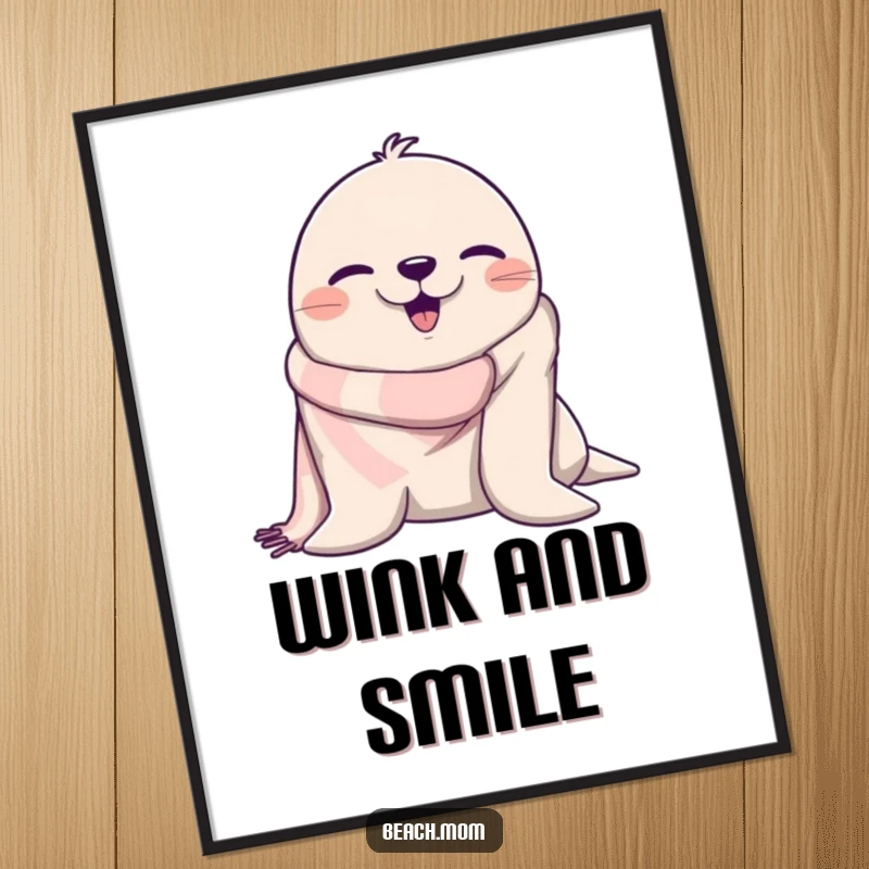 Funny beach seal winking from a towel, creating a humorous and eye-catching piece of wall art.