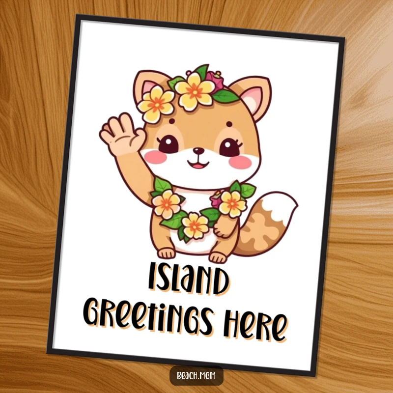 Funny poster: An animated animal character wearing a colorful flower lei waves a cheerful greeting, symbolizing tropical welcome.